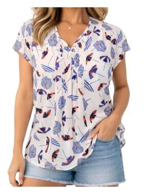 Talbots Umbrella Novelty Print Beachy Vacation Split Sleeve Blouse Top Size 1X